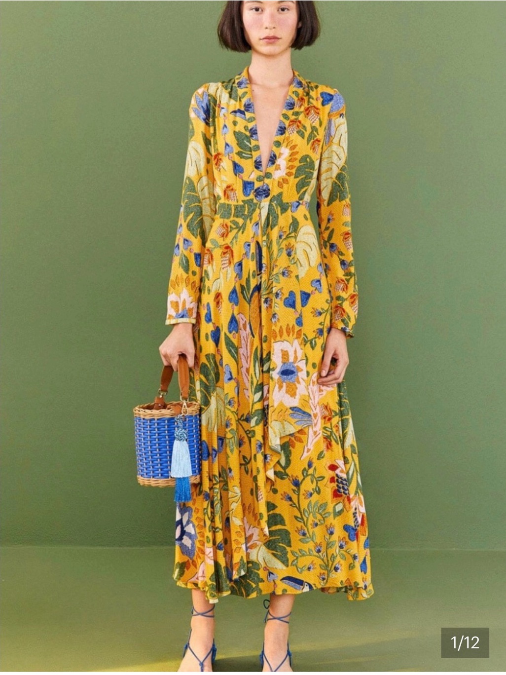 Farm Rio Toucan Mustard Yellow Floral Maxi Dress With V-Neck Size Xxs Nwot